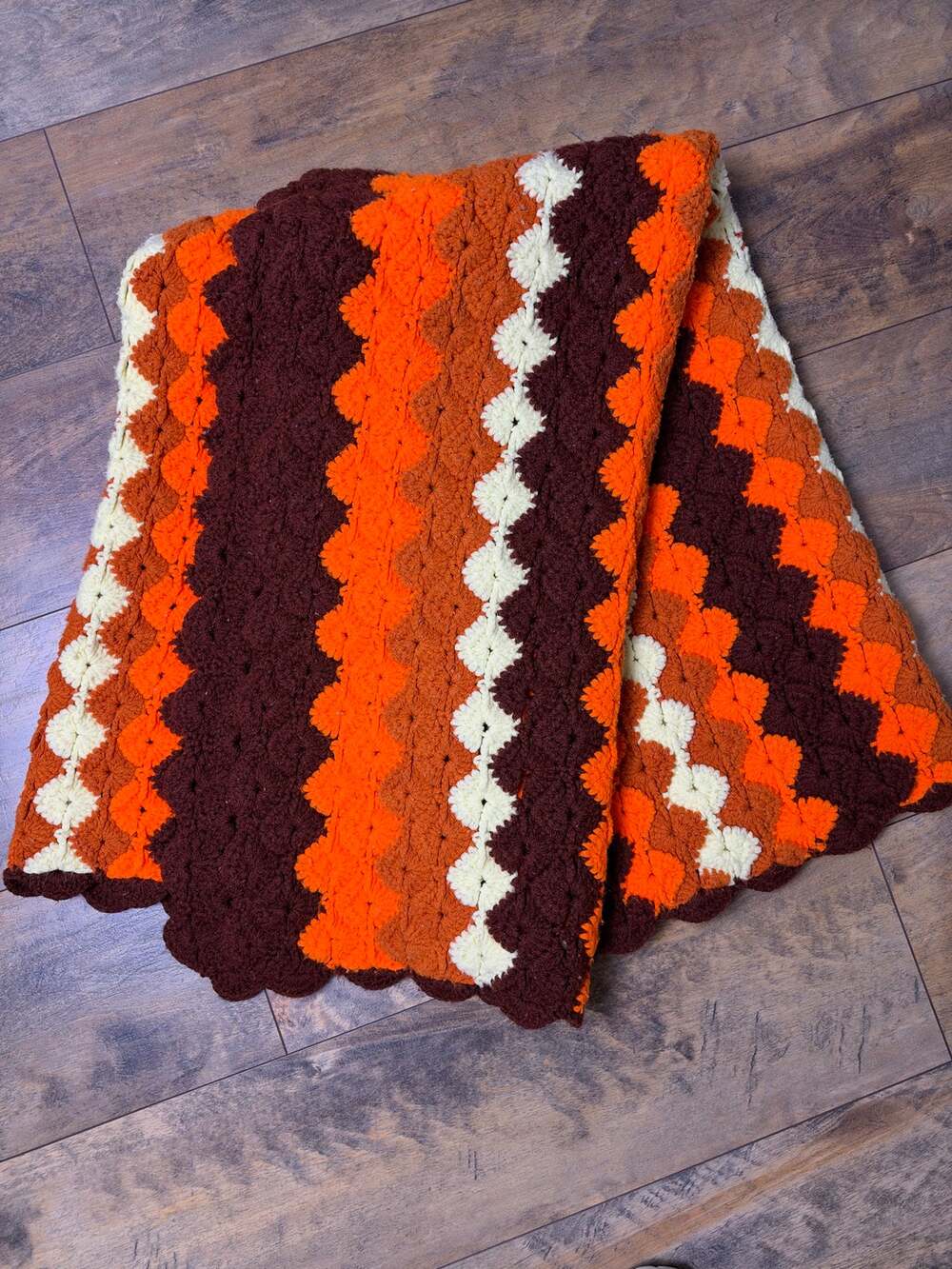 Vintage Afghan Crochet Blanket 58” x 68” Zig Zag Brown Cream Orange
